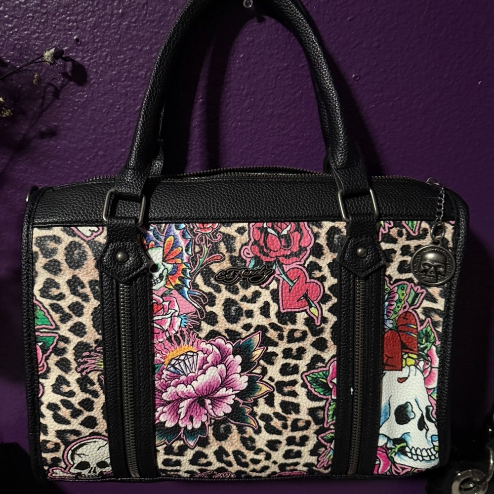 Ed Hardy Black and Pink Floral Skull Satchel
